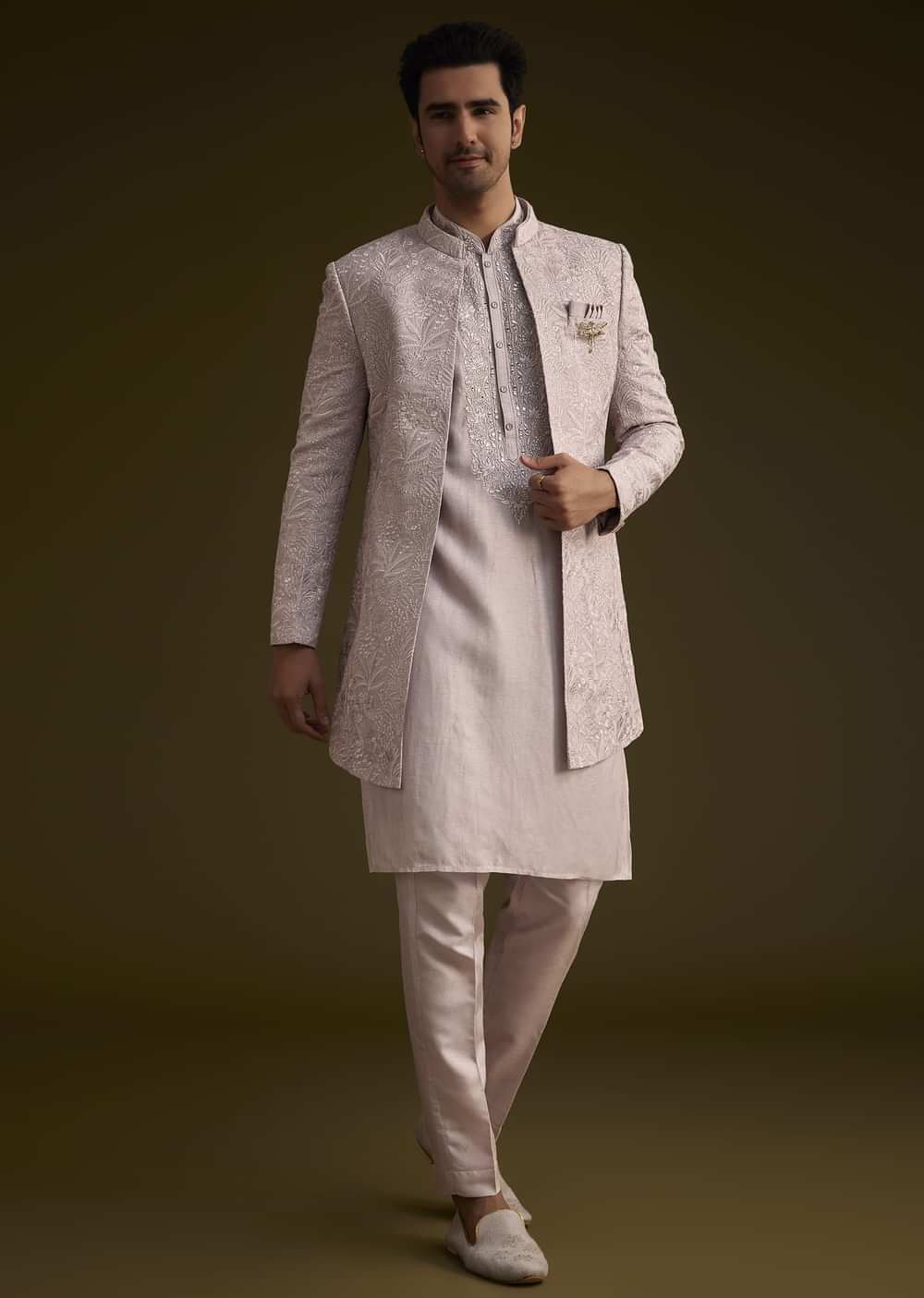 Wisteria Purple Silk Open Style Sherwani Set