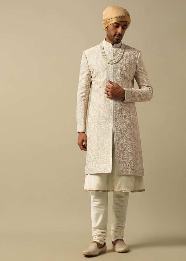Timeless Beige Banarasi Silk Sherwani