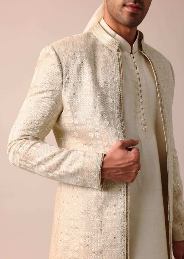 Timeless Beige Silk Sherwani Set