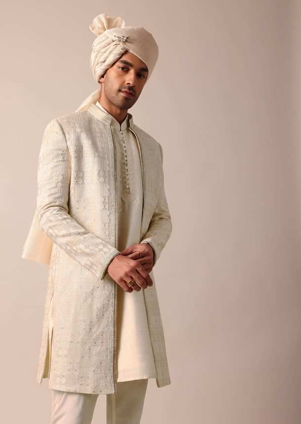 Timeless Beige Silk Sherwani Set