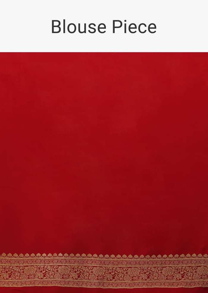 Tomato Red Saree In Georgette With Brocade Woven Diagonal Stripes And Floral Border