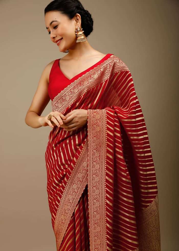 Tomato Red Saree In Georgette With Brocade Woven Diagonal Stripes And Floral Border