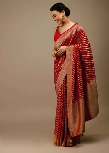 Tomato Red Saree In Georgette With Brocade Woven Diagonal Stripes And Floral Border