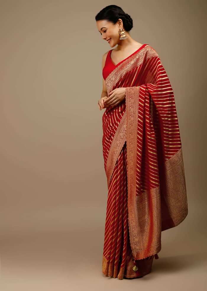 Tomato Red Saree In Georgette With Brocade Woven Diagonal Stripes And Floral Border