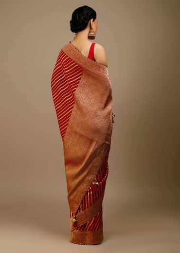 Tomato Red Saree In Georgette With Brocade Woven Diagonal Stripes And Floral Border