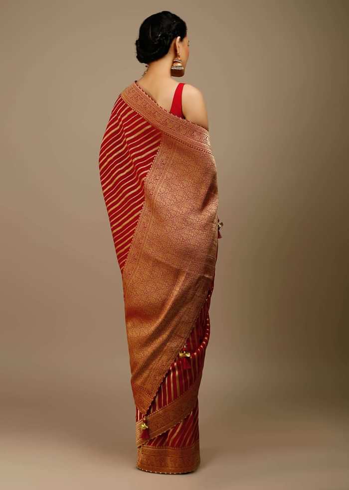 Tomato Red Saree In Georgette With Brocade Woven Diagonal Stripes And Floral Border
