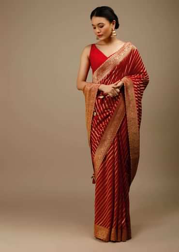 Tomato Red Saree In Georgette With Brocade Woven Diagonal Stripes And Floral Border