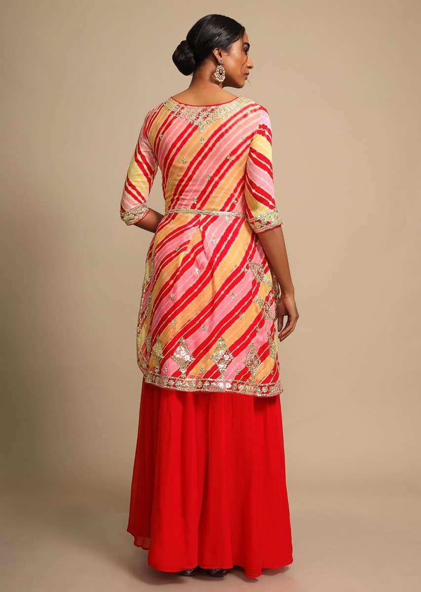 Tomato Red Skirt And Multi Color Lehariya Printed Kurti Adorned With Gotta Patti Work