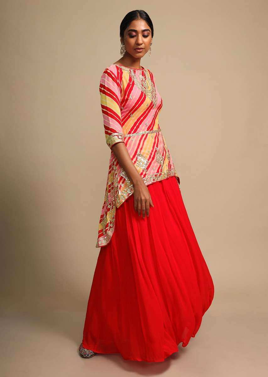 Tomato Red Skirt And Multi Color Lehariya Printed Kurti Adorned With Gotta Patti Work