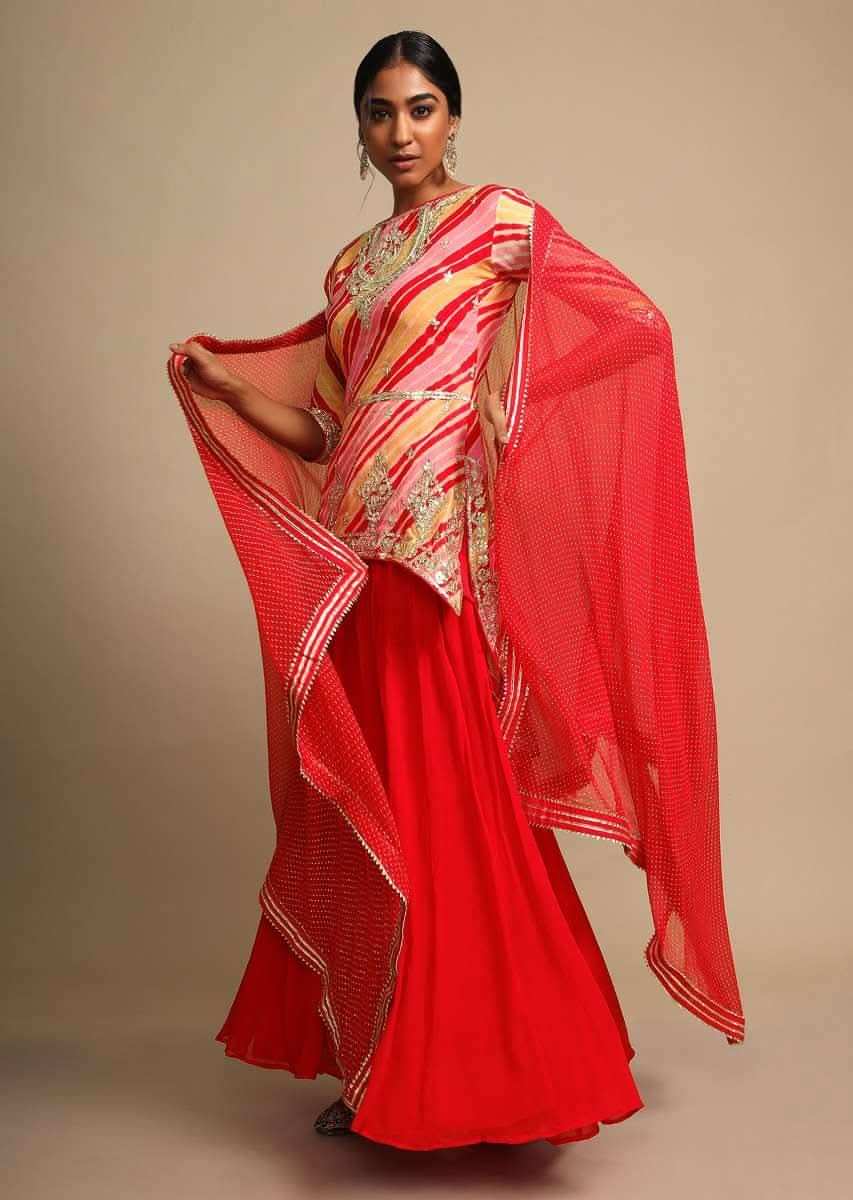 Tomato Red Skirt And Multi Color Lehariya Printed Kurti Adorned With Gotta Patti Work