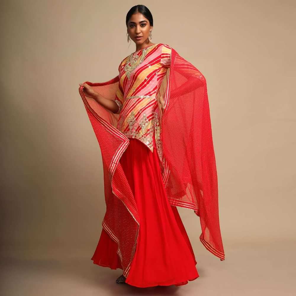 Tomato Red Skirt And Multi Color Lehariya Printed Kurti Adorned With Gotta Patti Work