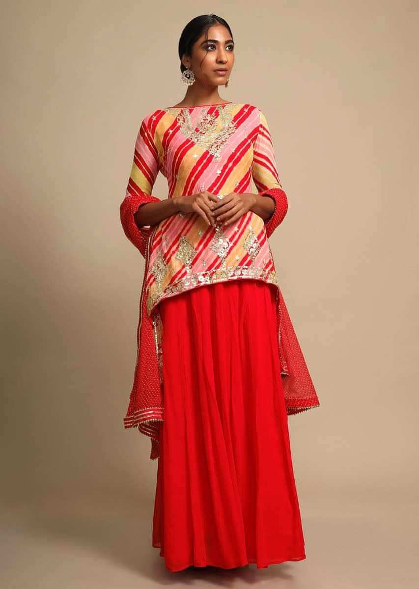 Tomato Red Skirt And Multi Color Lehariya Printed Kurti Adorned With Gotta Patti Work