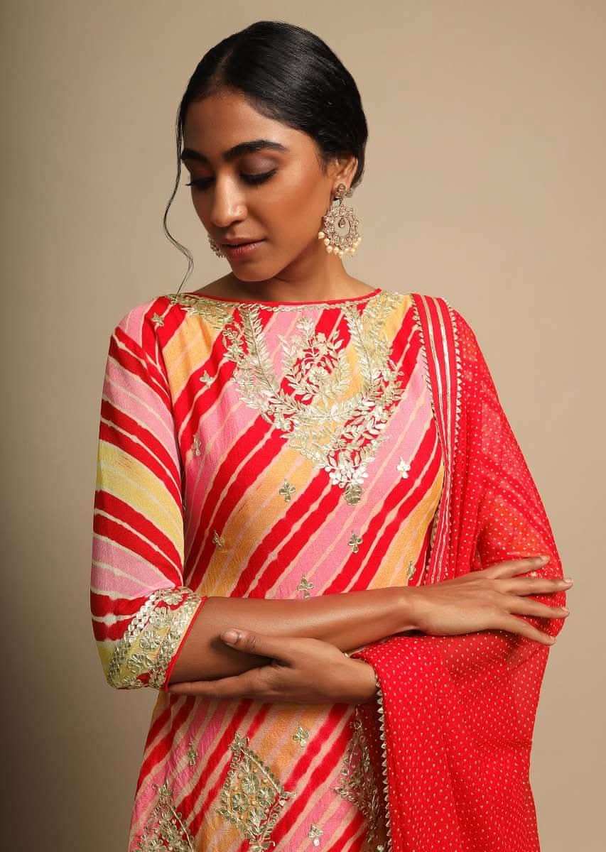 Tomato Red Skirt And Multi Color Lehariya Printed Kurti Adorned With Gotta Patti Work