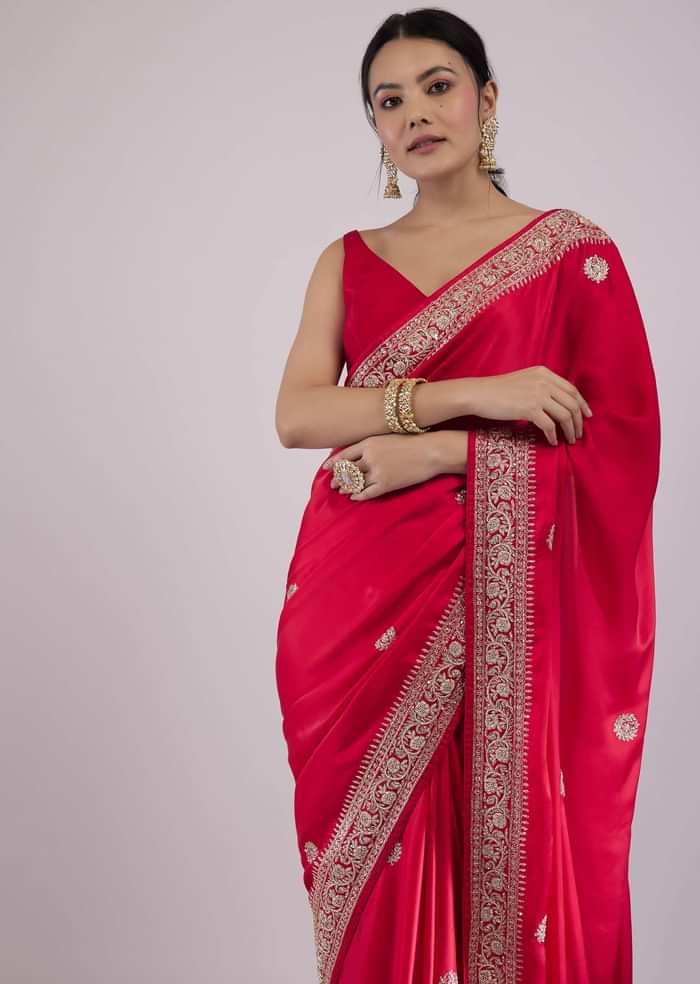 Carmine Red Satin Saree With Embroidery