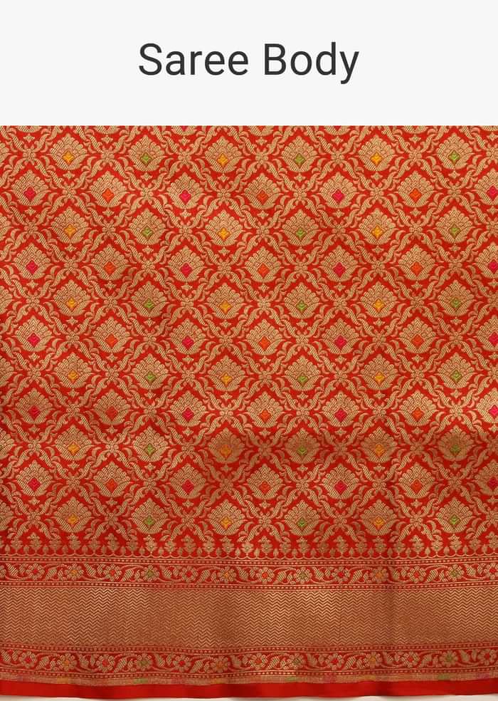 Tomato Red Saree In Pure Handloom Silk With Golden Woven Moroccan Jaal And Multi Colored Highlights