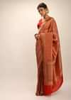 Tomato Red Saree In Pure Handloom Silk With Golden Woven Moroccan Jaal And Multi Colored Highlights