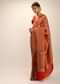 Tomato Red Saree In Pure Handloom Silk With Golden Woven Moroccan Jaal And Multi Colored Highlights