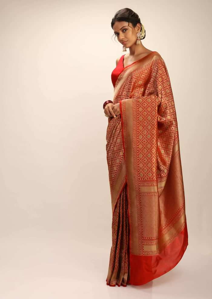 Tomato Red Saree In Pure Handloom Silk With Golden Woven Moroccan Jaal And Multi Colored Highlights