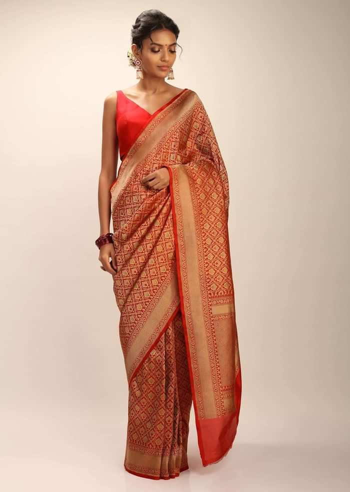 Tomato Red Saree In Pure Handloom Silk With Golden Woven Moroccan Jaal And Multi Colored Highlights
