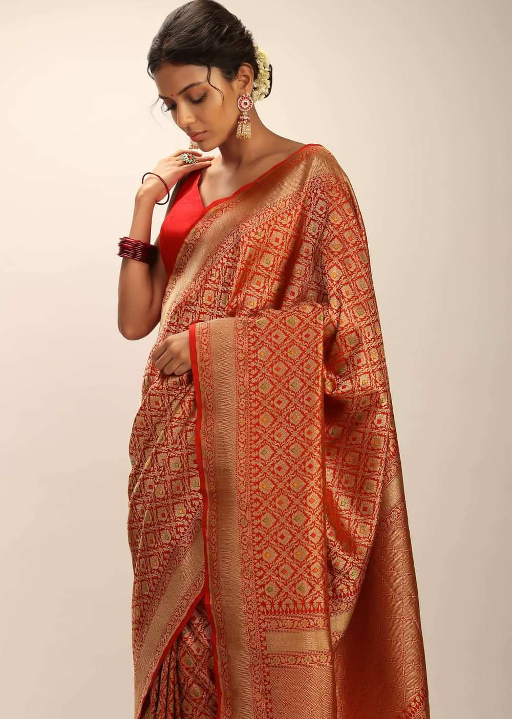 Tomato Red Saree In Pure Handloom Silk With Golden Woven Moroccan Jaal And Multi Colored Highlights