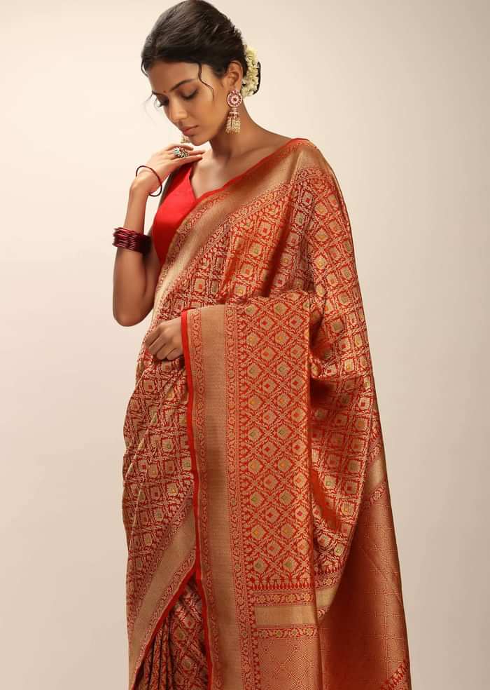 Tomato Red Saree In Pure Handloom Silk With Golden Woven Moroccan Jaal And Multi Colored Highlights