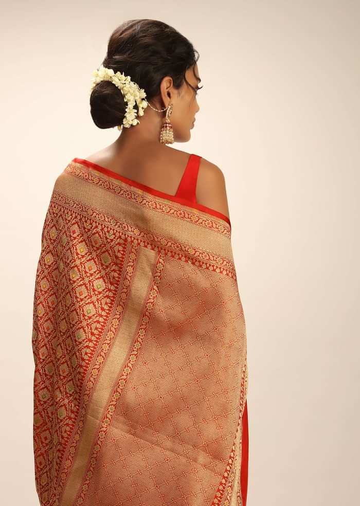 Tomato Red Saree In Pure Handloom Silk With Golden Woven Moroccan Jaal And Multi Colored Highlights