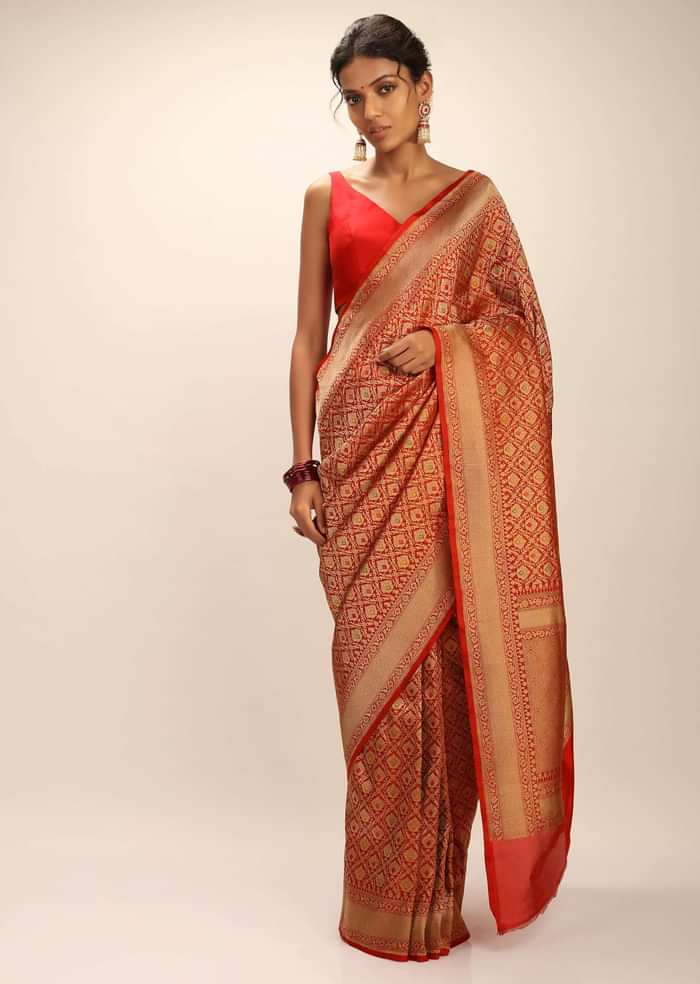 Tomato Red Saree In Pure Handloom Silk With Golden Woven Moroccan Jaal And Multi Colored Highlights