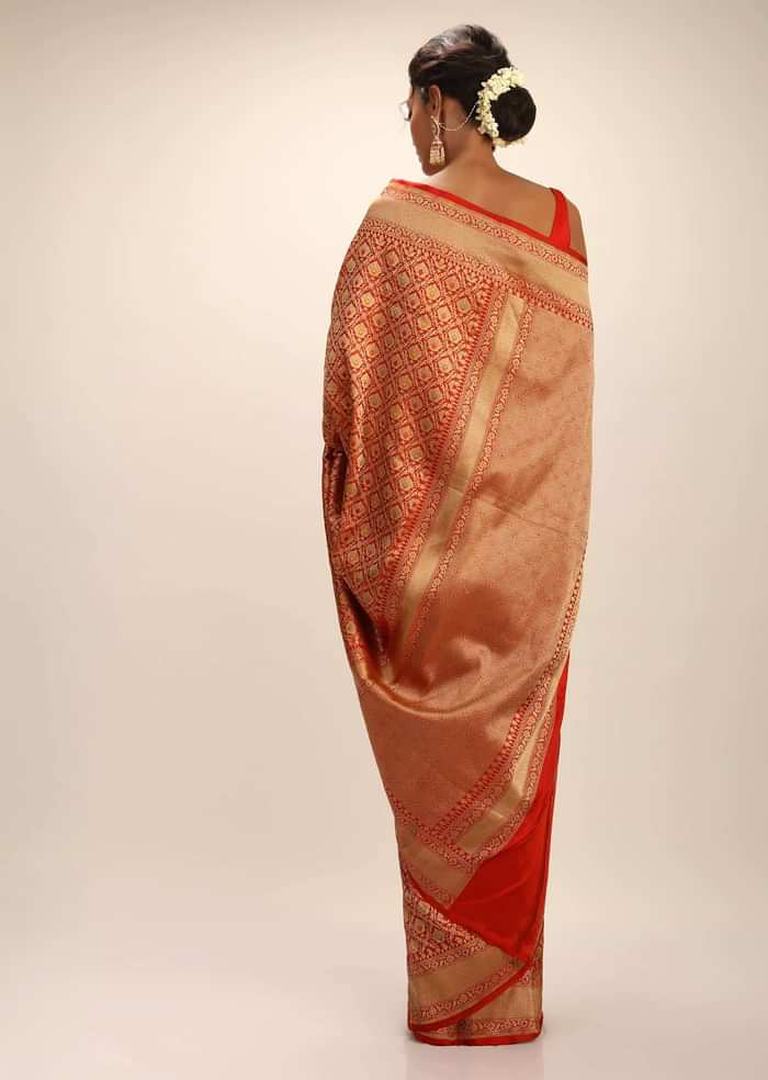 Tomato Red Saree In Pure Handloom Silk With Golden Woven Moroccan Jaal And Multi Colored Highlights