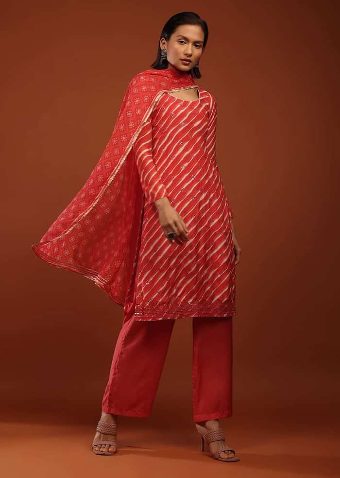 Rose Red Straight Cut Suit With Lehariya Print And Mirror Buttis