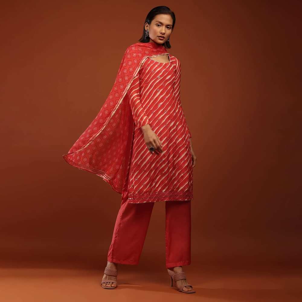 Rose Red Straight Cut Suit With Lehariya Print And Mirror Buttis