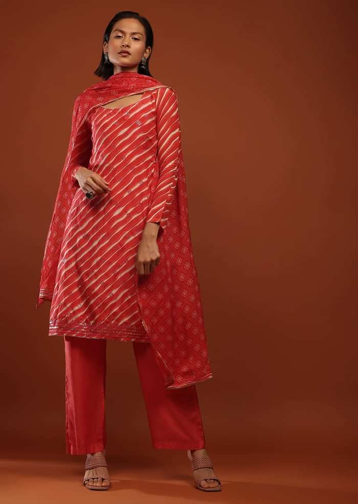 Rose Red Straight Cut Suit With Lehariya Print And Mirror Buttis