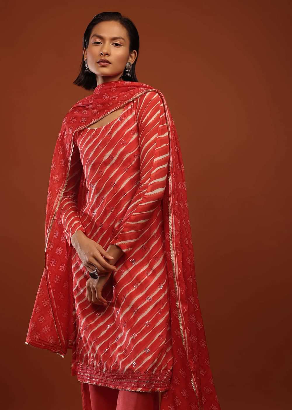 Rose Red Straight Cut Suit With Lehariya Print And Mirror Buttis