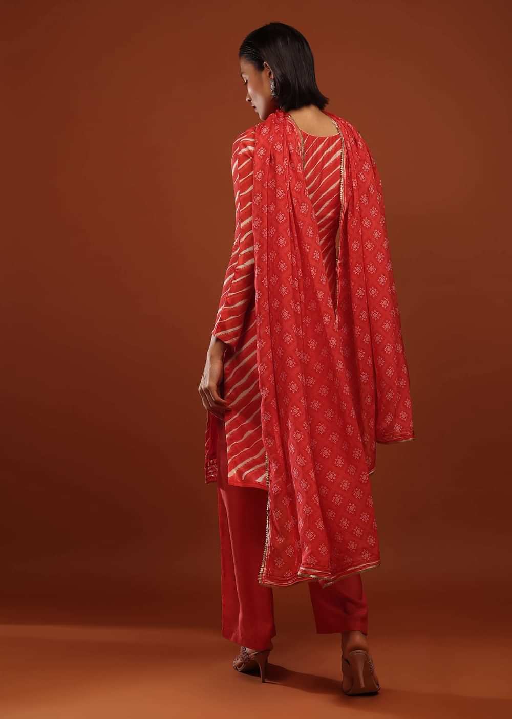 Rose Red Straight Cut Suit With Lehariya Print And Mirror Buttis