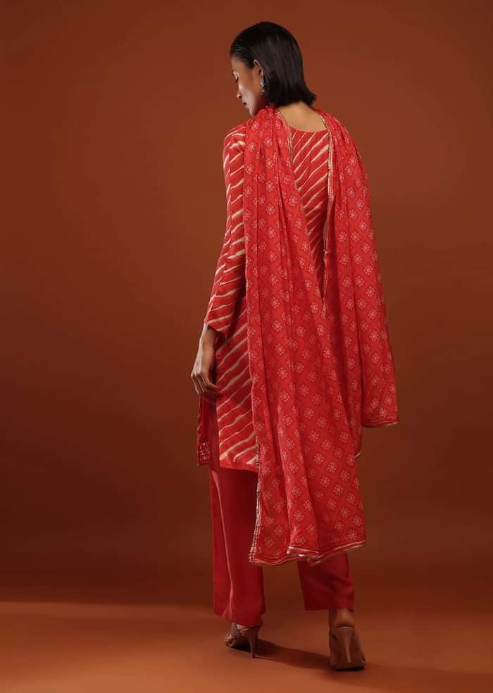 Rose Red Straight Cut Suit With Lehariya Print And Mirror Buttis