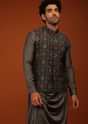 Total Eclipse Blue Nehru Jacket And Kurta Set In Floral Bandhani Print, Matching Print Kurta In Mandarin In Full Sleeves