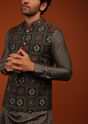 Total Eclipse Blue Nehru Jacket And Kurta Set In Floral Bandhani Print, Matching Print Kurta In Mandarin In Full Sleeves