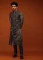 Total Eclipse Blue Nehru Jacket And Kurta Set In Floral Bandhani Print, Matching Print Kurta In Mandarin In Full Sleeves