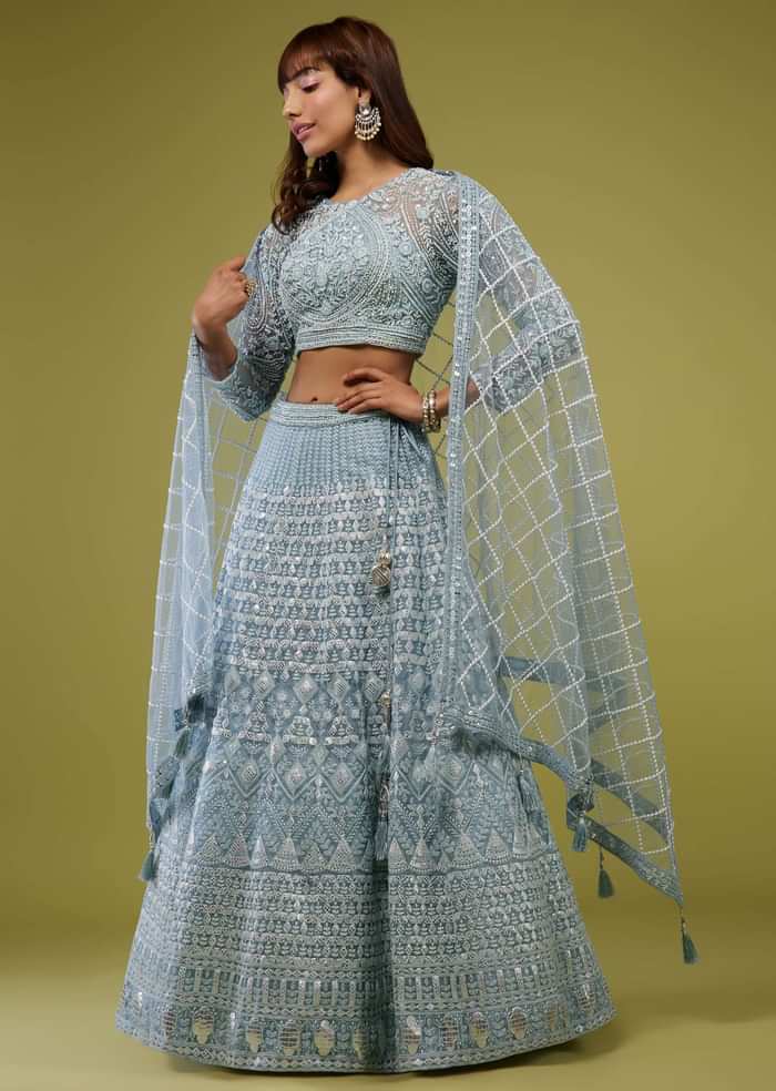 Powder Blue Embroidered Lehenga Set In Organza