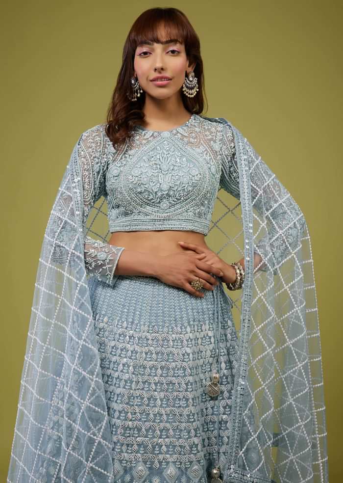 Powder Blue Embroidered Lehenga Set In Organza