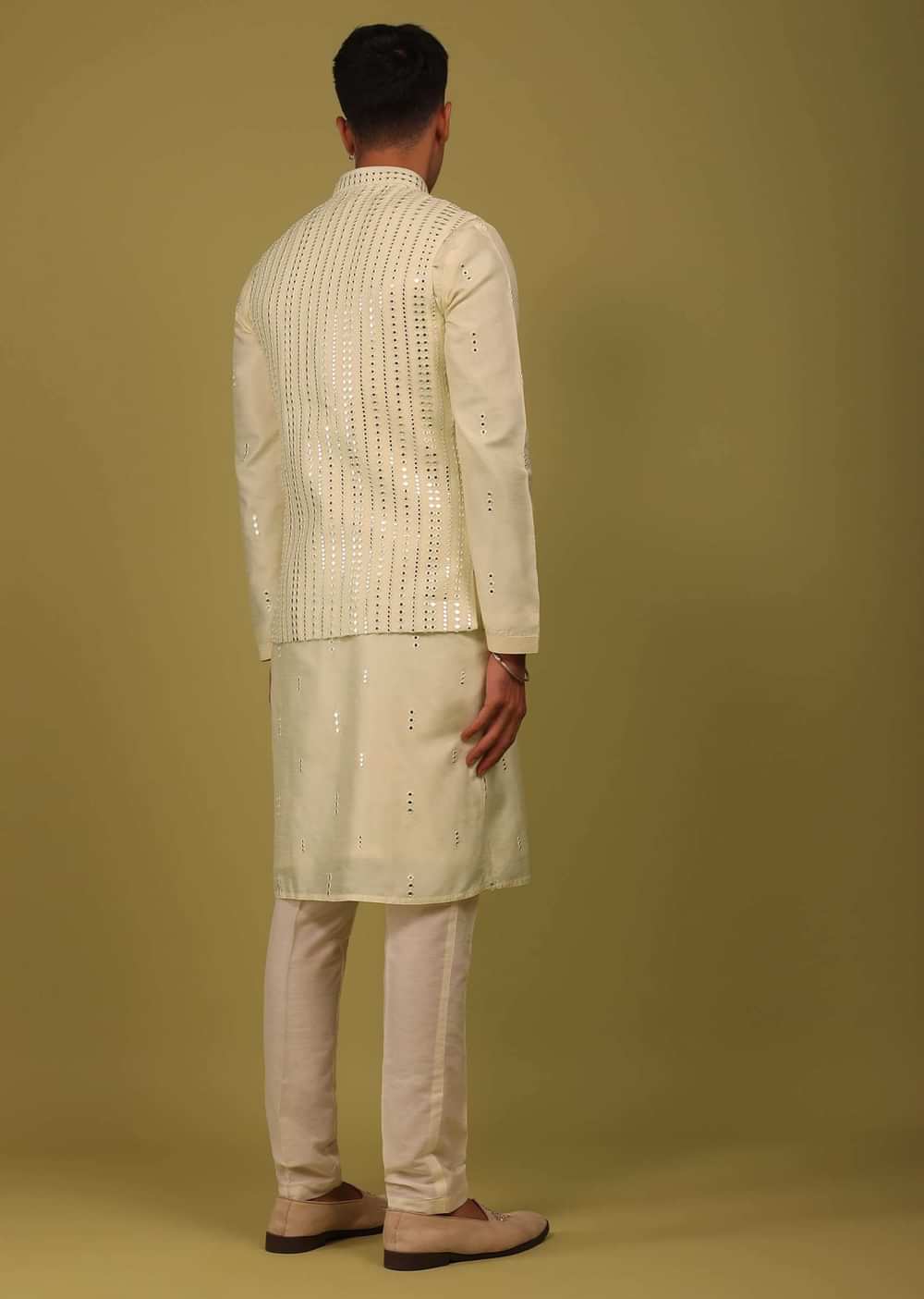 Lemon Art Silk Bandi Jacket Set With Mirrorwork