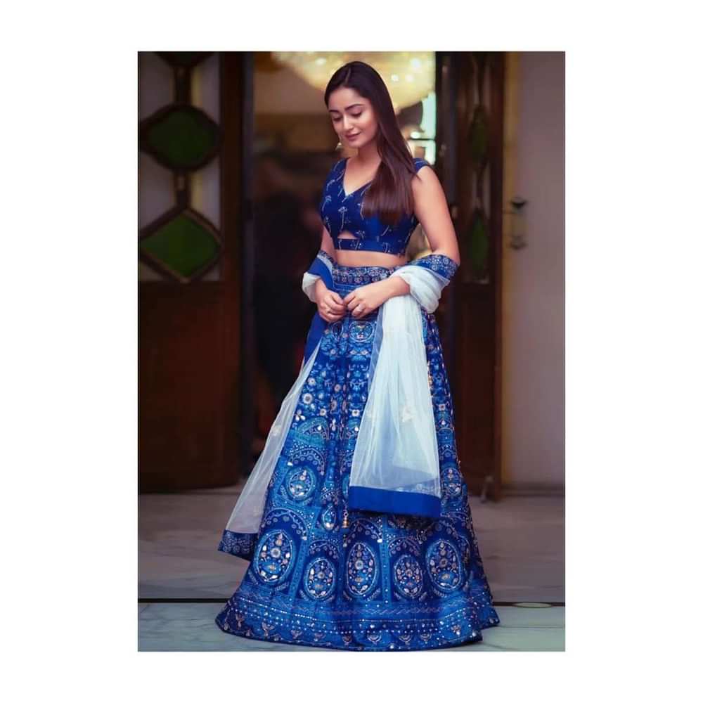 Tridha Choudhury In Kalki Sapphire Blue Lehenga Choli With Foil Print In Framed Floral Motifs And Ethnic Heritage Pattern