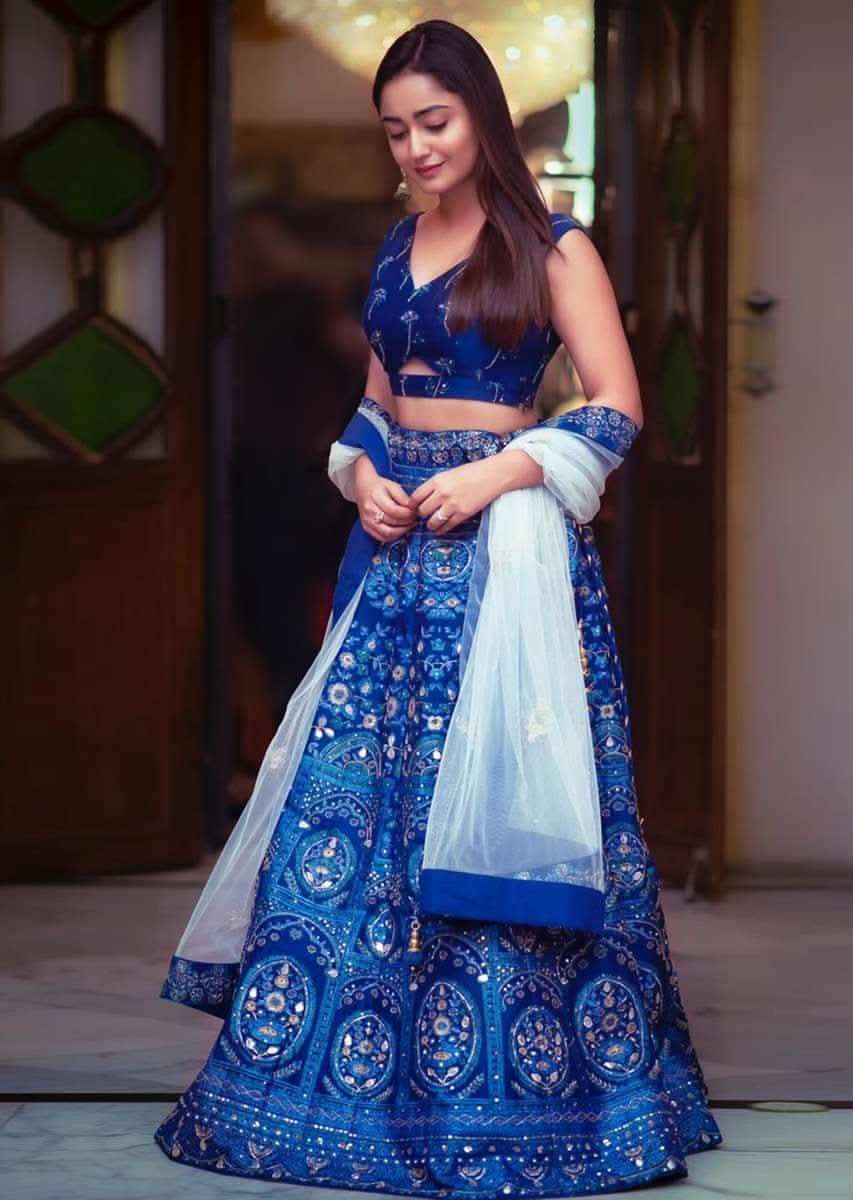 Tridha Choudhury In Kalki Sapphire Blue Lehenga Choli With Foil Print In Framed Floral Motifs And Ethnic Heritage Pattern