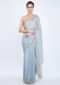 True Blue Saree In Organza With Zardosi Floral Embroidered Border Online - Kalki Fashion