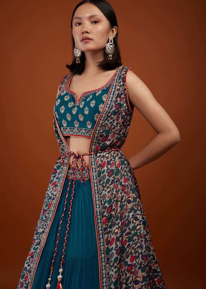 Teal Blue Indowestern Bridesmaid Lehenga Set