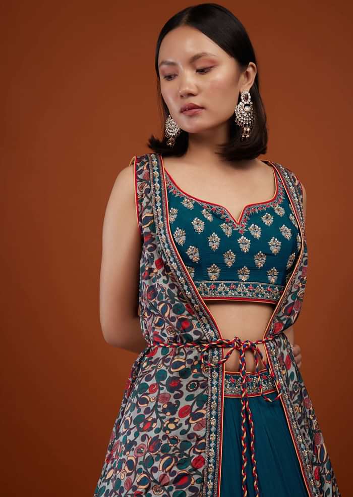 Teal Blue Indowestern Bridesmaid Lehenga Set
