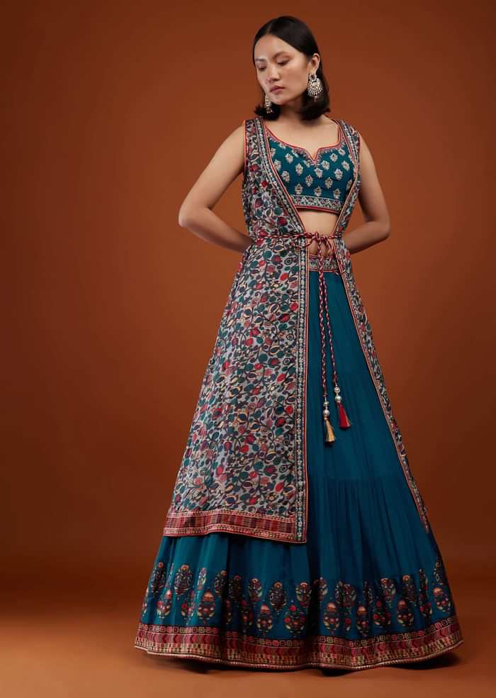 Teal Blue Indowestern Bridesmaid Lehenga Set