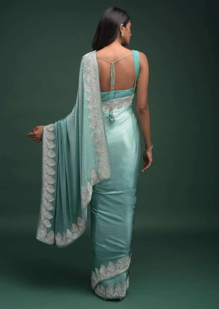 Turq Ombre Saree In Satin Blend With Stone Work In Contemporary Peacock Feathers On The Border Online - Kalki Fashion