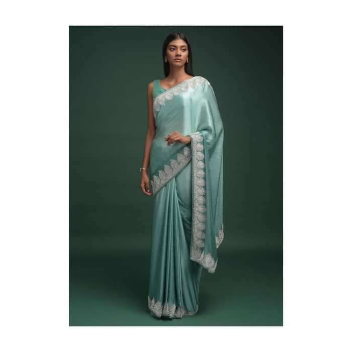 Turq Ombre Saree In Satin Blend With Stone Work In Contemporary Peacock Feathers On The Border Online - Kalki Fashion