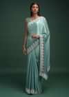Turq Ombre Saree In Satin Blend With Stone Work In Contemporary Peacock Feathers On The Border Online - Kalki Fashion