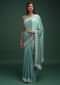 Turq Ombre Saree In Satin Blend With Stone Work In Contemporary Peacock Feathers On The Border Online - Kalki Fashion
